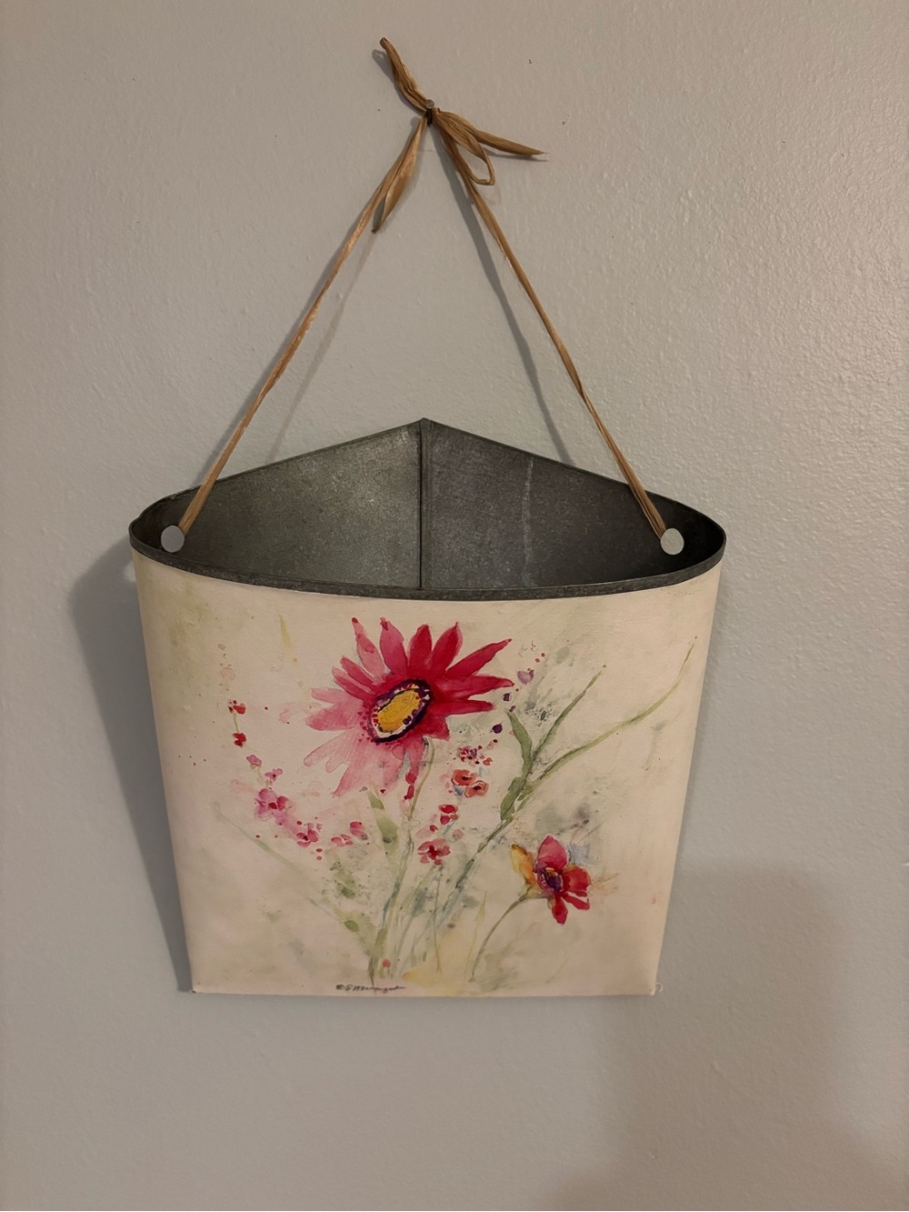 Hand painted cottagecore metal flower bucket wall hanging. Signed. Garden